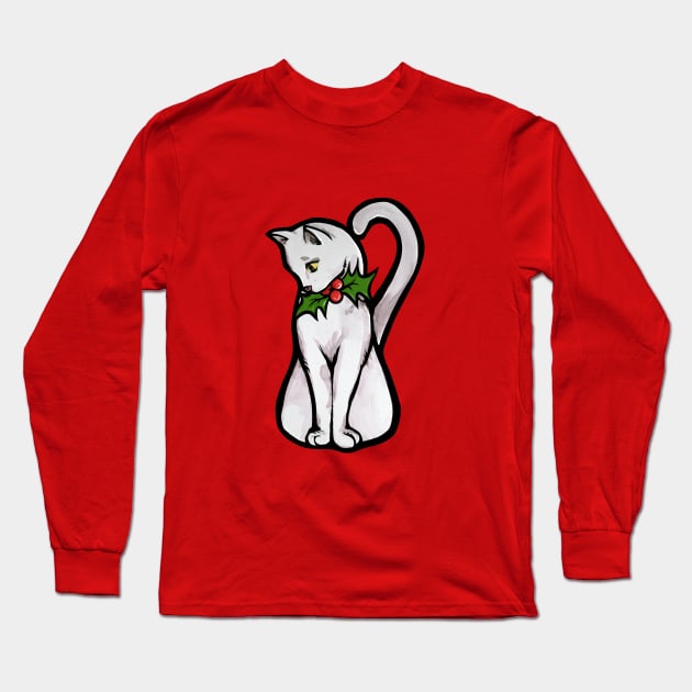 Christmas White Cat Long Sleeve T-Shirt by bubbsnugg